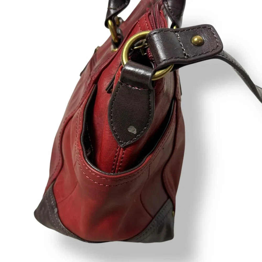 Tignanello Burgundy Leather Satchel Brown Leather Handles Trim Shoulder Strap